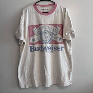 Abercrombie & Fitch White Tee with Red Collar and Blue Budweiser Graphic